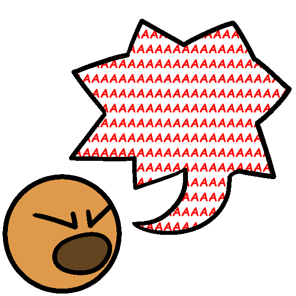 A drawing of an orange head with its eyes squeezed shut and its mouth wide open. There is a spiky speech bubble coming from it which is full of red capital A's.